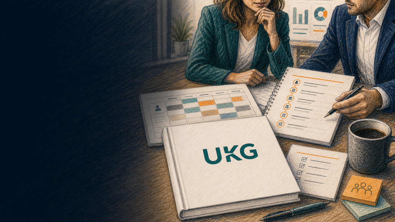 UKG workforce strategy materials on an Align HCM planning desk.